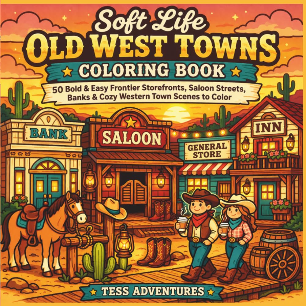 Soft Life Old West Towns Coloring Book: 50 Bold & Easy Frontier Storefronts, Saloon Streets, Banks & Cozy Western Town Scenes to color