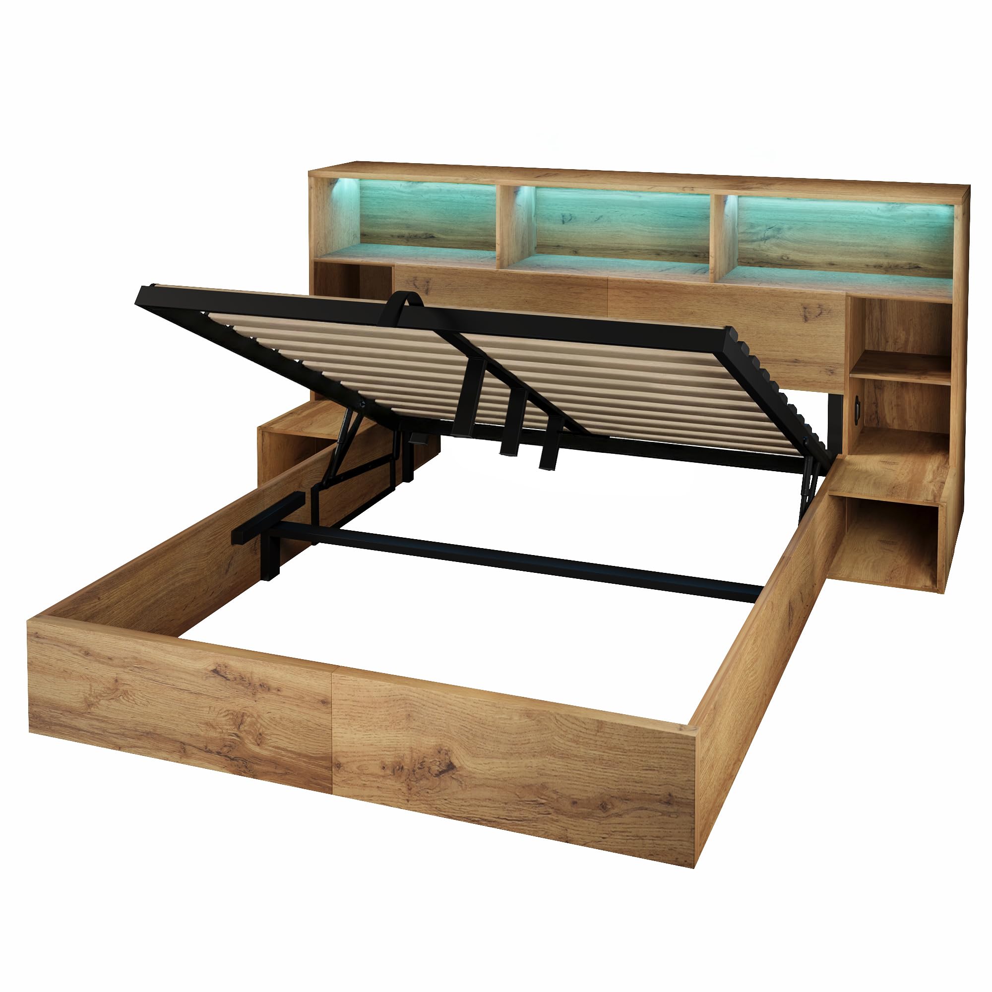 Kebnor Letto di sistema, effetto rovere con idraulico, letto matrimoniale in legno con comodini integrati, struttura del letto con rete a doghe e testiera, LED & USB-C, senza materasso (160 x 200 cm)