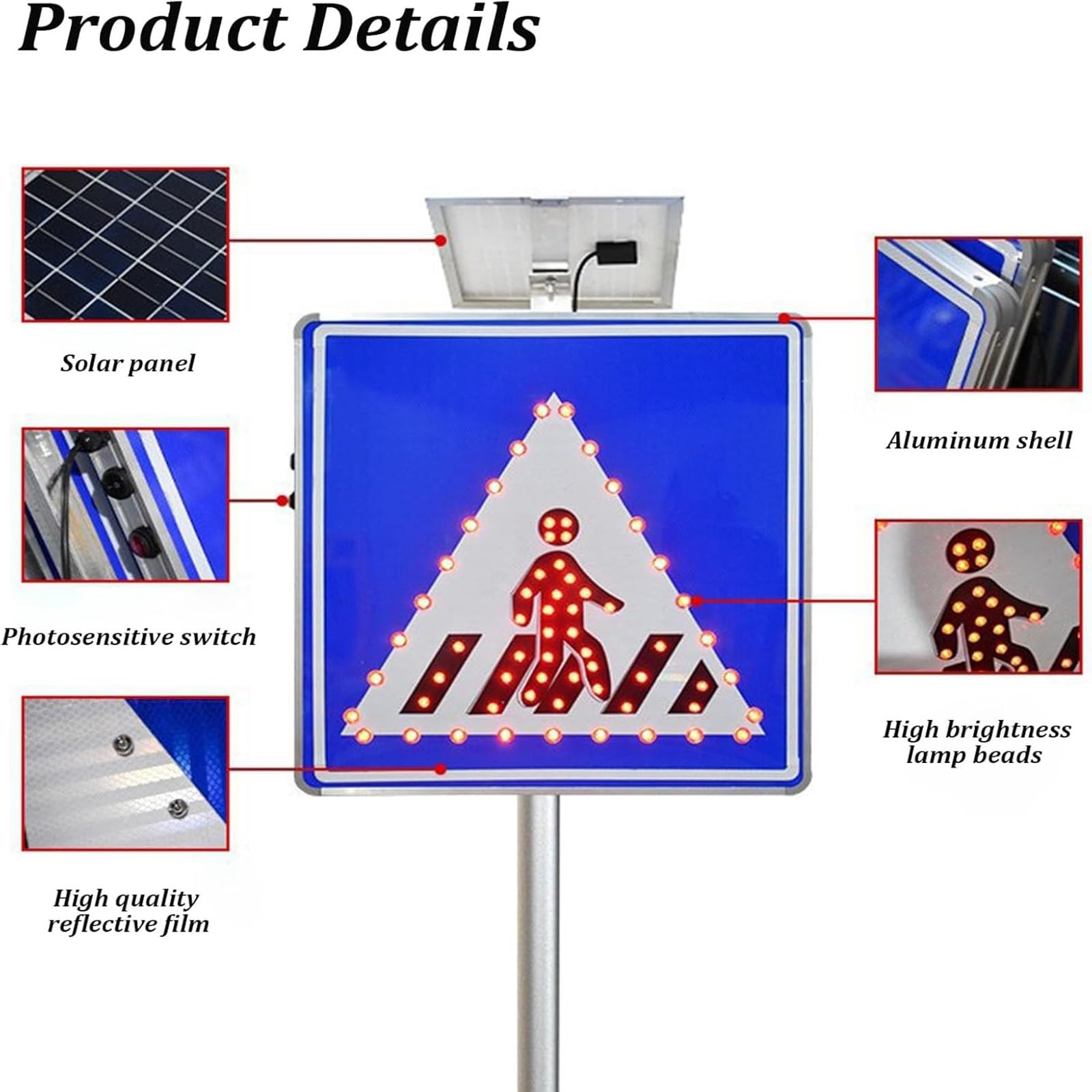 Señal LED intermitente de paso de peatones con energía solar, advertencia de peatones de alto brillo, impermeable y fácil instalación para seguridad vial