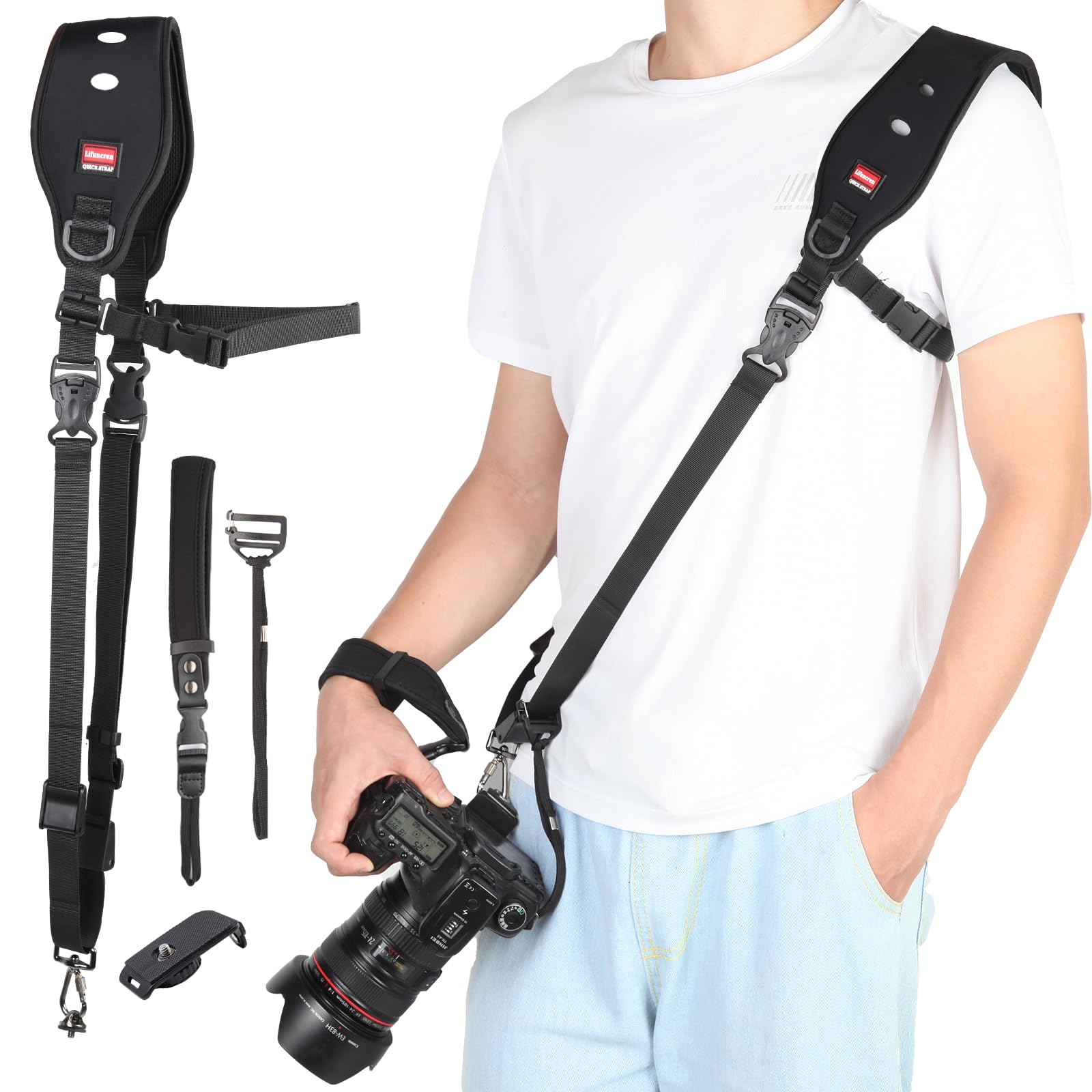 Tracolla Macchina Fotografica, Set di Tracolla Fotocamera e Cinghia da Polso, Cinghia per Fotocamera con Cordino di Sicurezza, Tracolla Reflex Sgancio Rapido Regolabile per DSLR SLR