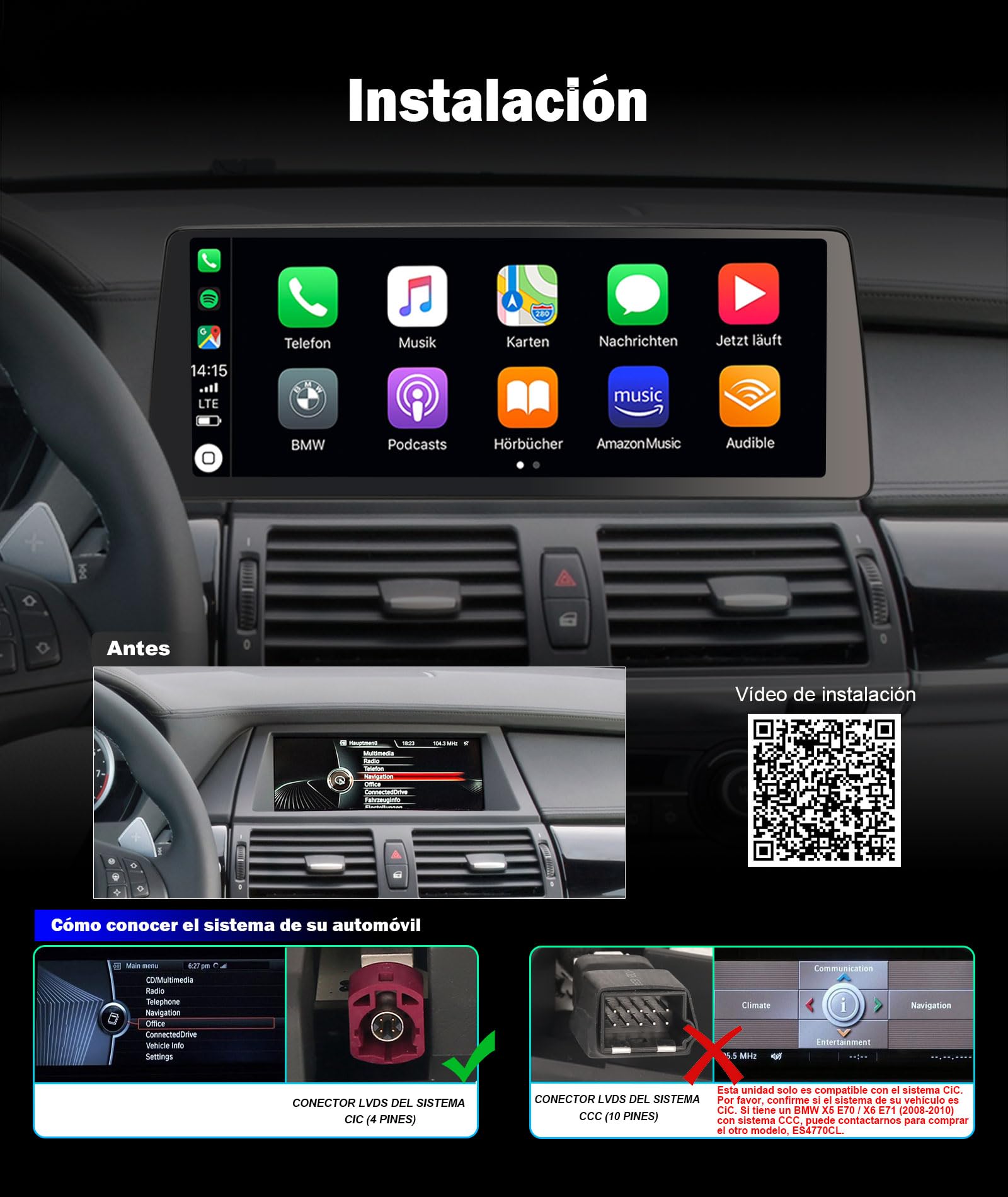 12,3" Qualcomm 8 Core 8+128GB Radio Coche Carplay para BMW X5 E70/ X6 E71 【CIC Sistema】 DSP Bluetooth 5.1 A2DP Dab+ SWC 4G DSP WiFi GPS Navegador Canbus Idrive 2K Pantalla táctil
