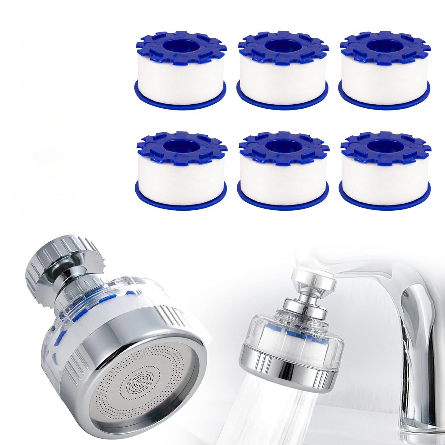 Filtre à eau Robinet Anti Calcaire avec 6 éléments Filtrants en coton PP, Tête de Pulvérisateur Rotatif 360°