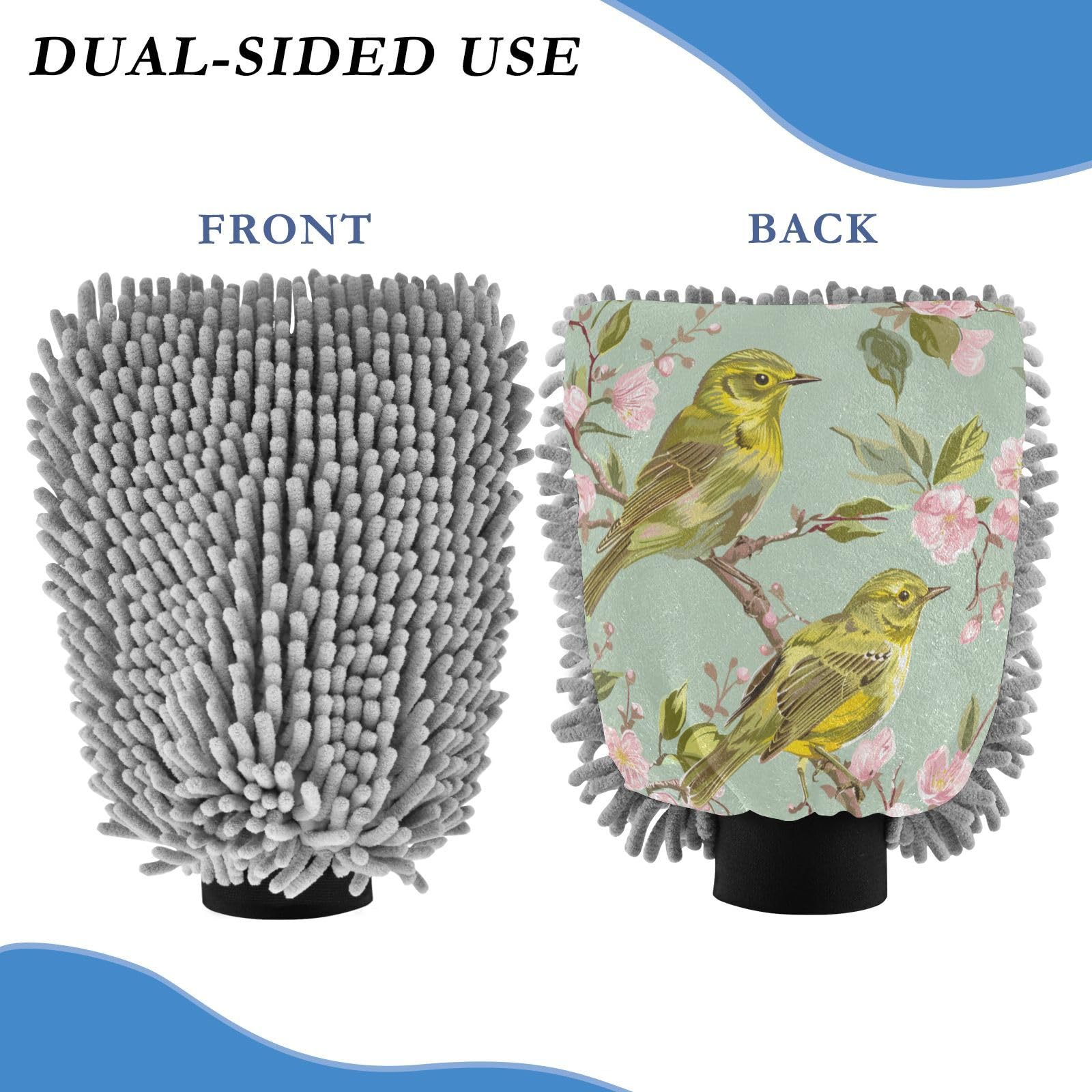 ALAZA Cherry Blossom Bird Car Wash Mitt Scratch Free, 2 Pack Absorbent Microfiber/Chenille Washing & Drying Mitts, L