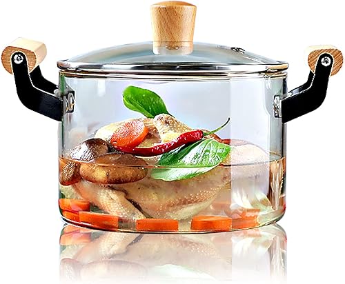 Miniatura 1 de Olla de vidrio a fuego lento de 3.5 L para cocinar con tapa y mango de madera, utensilios de cocina de vidrio para estufa, segura para pasta,