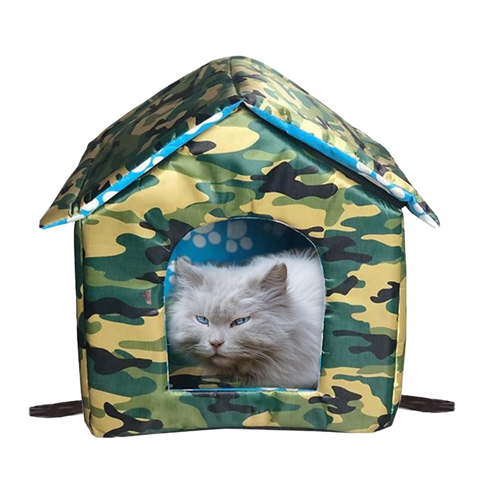 Katzenhaus Outdoor, Katzenhöhle für Draußen, Katzenhaus Für Draußen Winterfest Wasserdicht, Welpenhütte im Freien, Mit abnehmbarem Transparentem Vorhang (S, Camouflage Grün)
