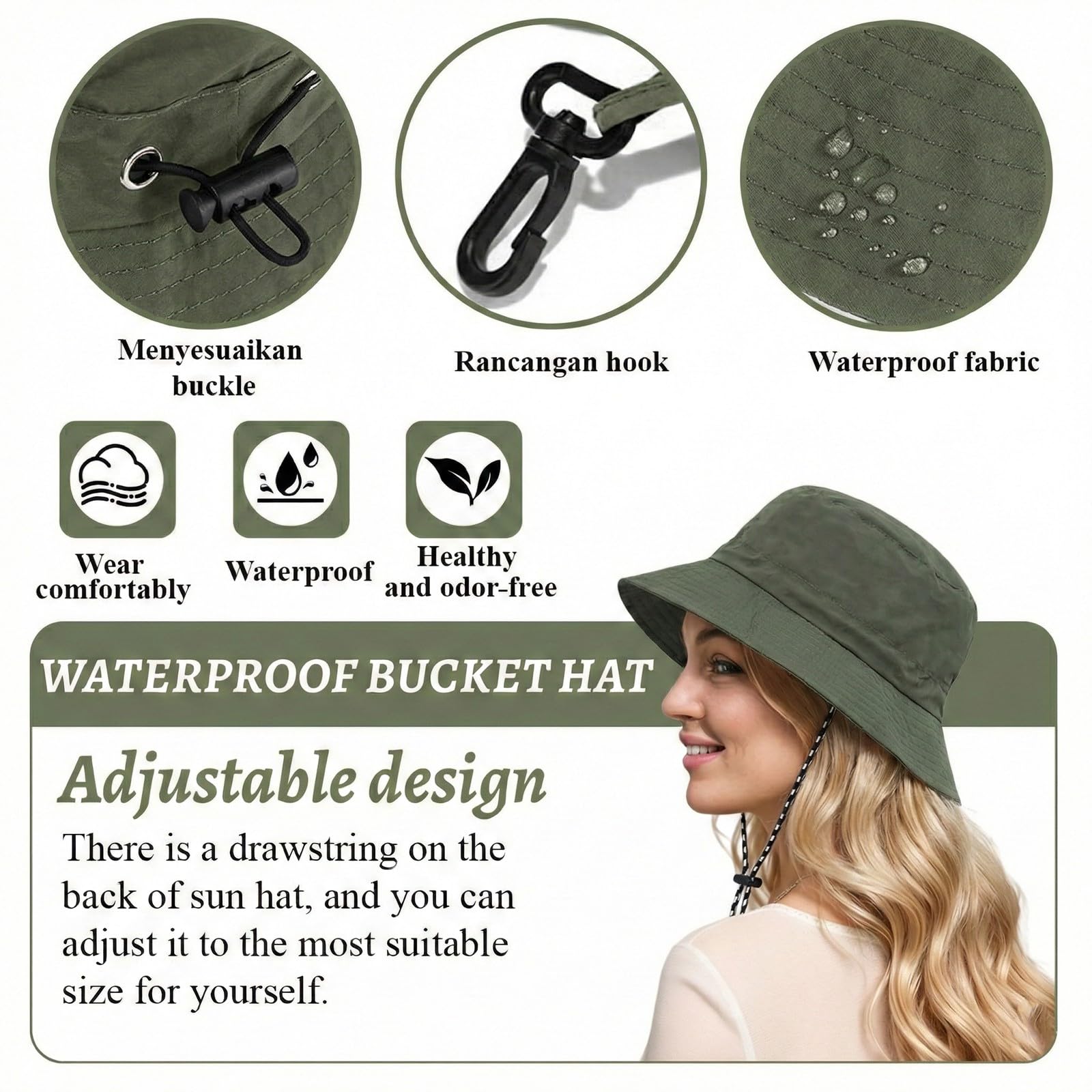 Cappello Donna Estivo,Cappello Safari,Bucket Hat,Cappelli Donna, Cappello Tesa Larga Donna,Antipioggia Protezione Solare Asciugatura Rapida Cappello da Sole Pieghevole e Traspirante(Verde militare)