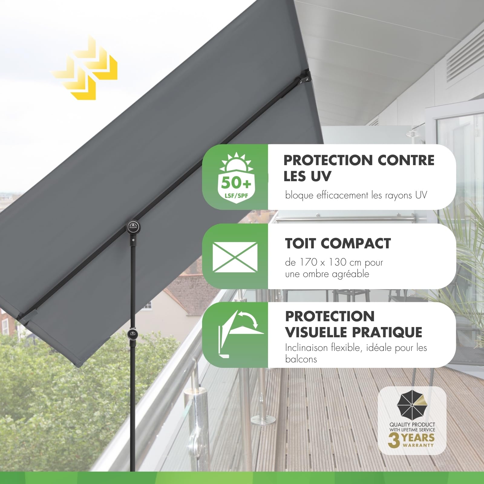 Doppler Pare-soleil pour balcon I 170x130cm I Protection solaire pour balcon & terrasse I Protection visuelle flexible I Parasol rectangulaire & pivotant I Parasol de jardin pour balcon
