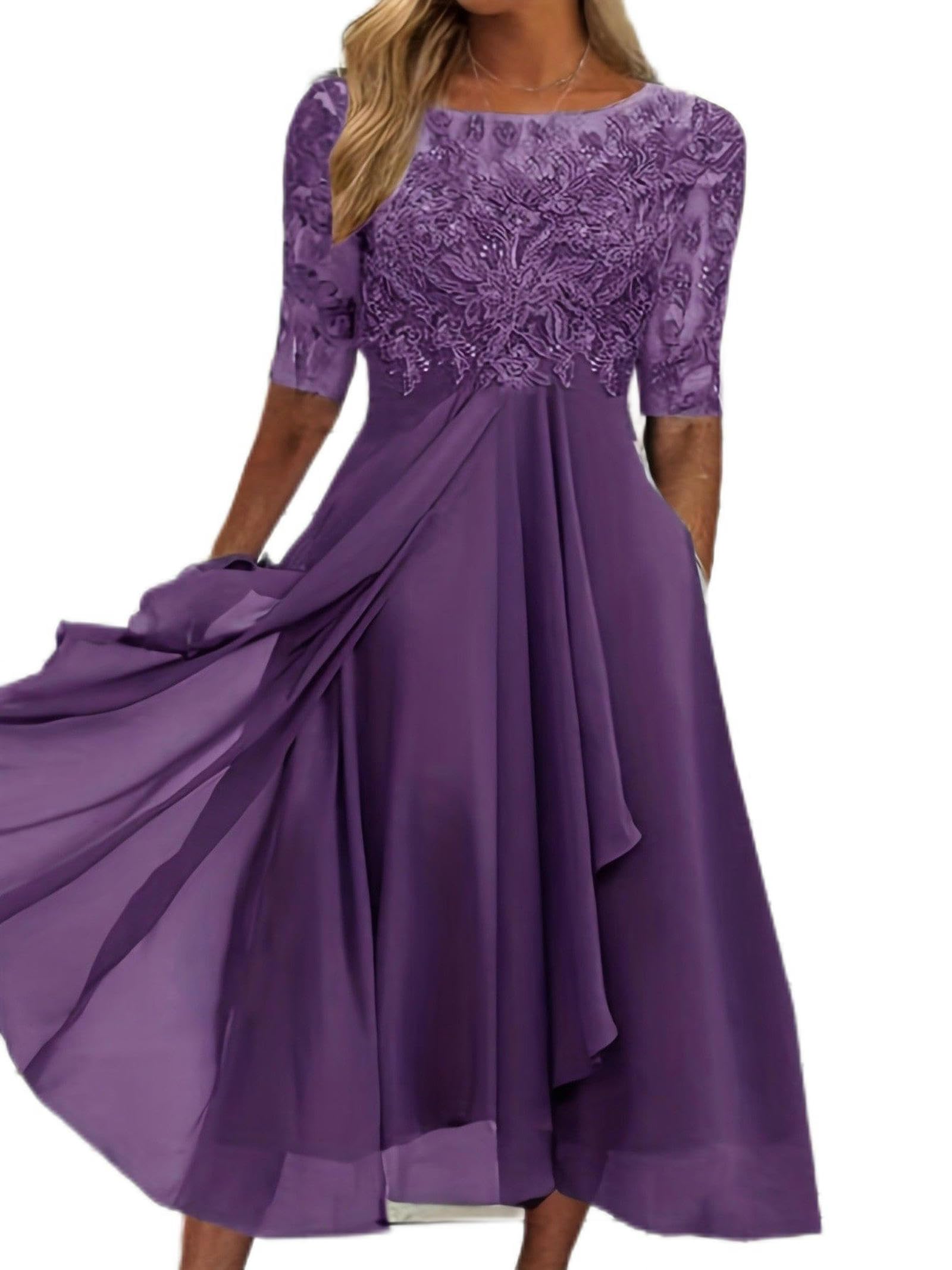 WEITING Brautjungfer Abendkleid Spitze halbärmelig Chiffon Kleid Lila
