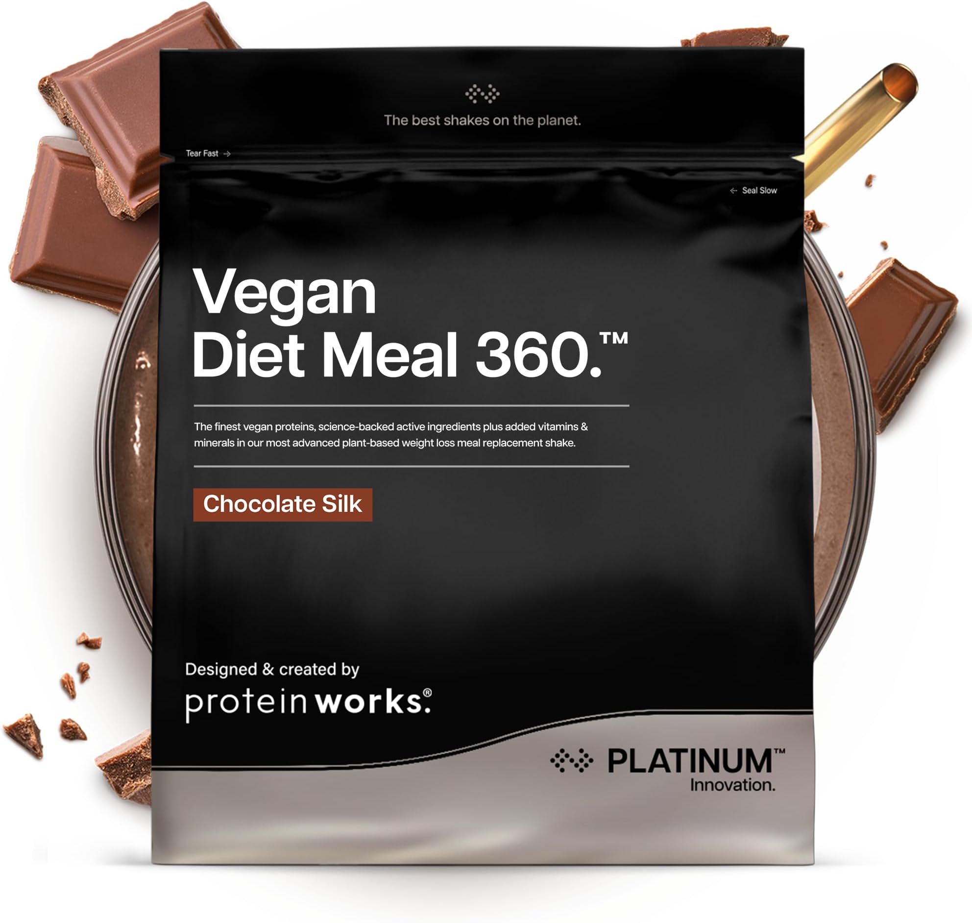 Protein Works | Vegan Diet Meal 360 - PLATINUM Innovation, Vegan Protein Diet Meal Replacement Shake, Healthy Weight Loss, Vitamin & Mineral Blend, Green Tea, Chocolate Silk, 8 Meals, 500g