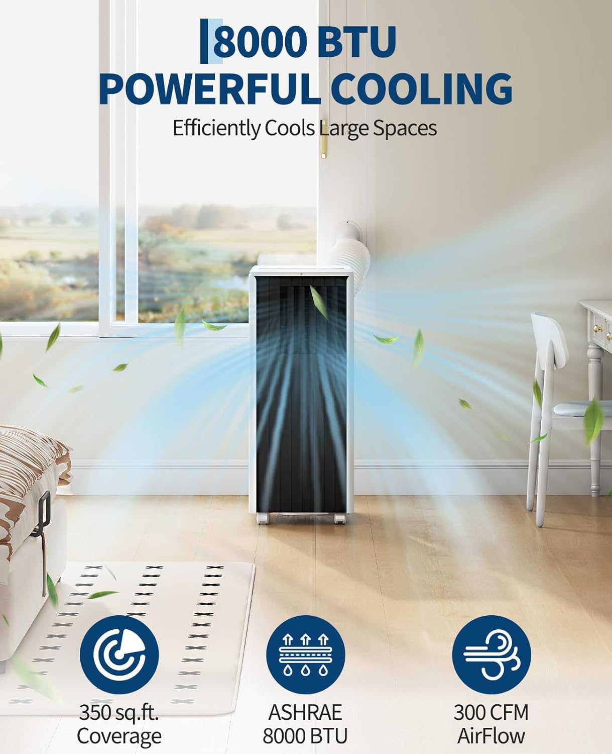 Garvee 8000 BTU Portable Air Conditioner, 3-in-1 Cooling, Dehumidifying & Fan for Rooms Up to 350 Sq. Ft | Quiet Sleep Mode | Energy-Saving 24-Hr Timer | AC Unit w/Remote & Full Window Kit, Black