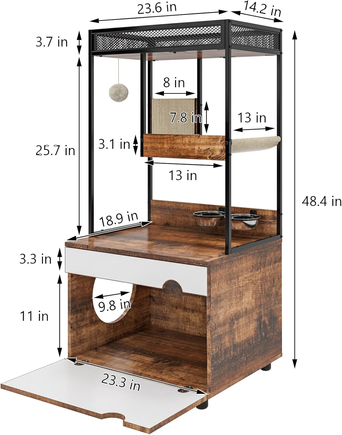 Cat Litter Box Enclosures with Storage Shelves，3 Level Cat Tree Tower with Elevated Cat Feeding Bowl,Hidden Cat Washroom,Cat Condo for Living Room，Brown