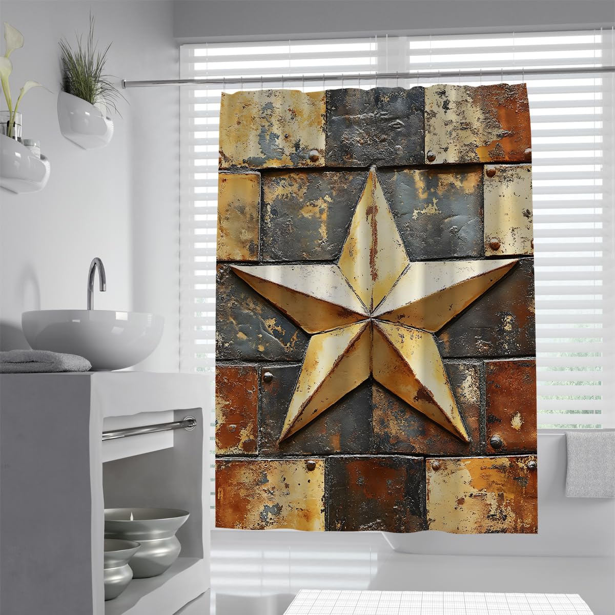 UIRINGART Rustic Industrial Stars Shower Curtain W120xL180cm Vintage Geometric Rusty Metal Iron Plates Pattern Mildew Resistant Easy Clean Home Hotel Bath Screen With Hook