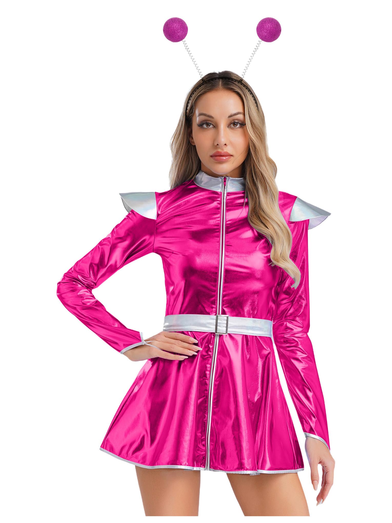 Hansber Astronaut Costume For Women Metallic Shiny Cosplay Dress And Headwear Alien Costume Outfit Hot Pink 4XL