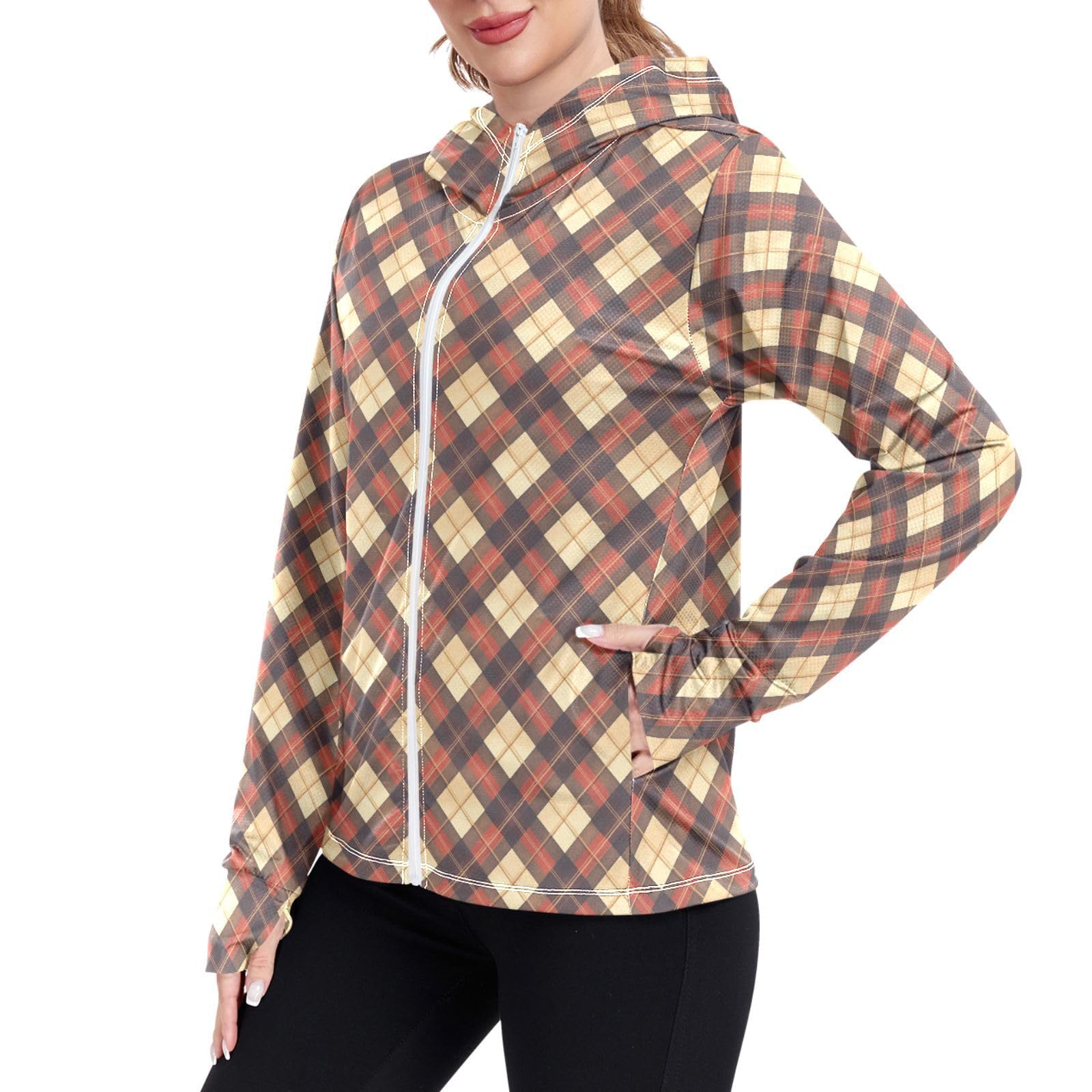 Women Sun Protection Lightweight Hoodie Jacket Plaid Marigold Zip Up Jackets for Women UPF 50 Clothing for Hiking Golf Running L Mahogany