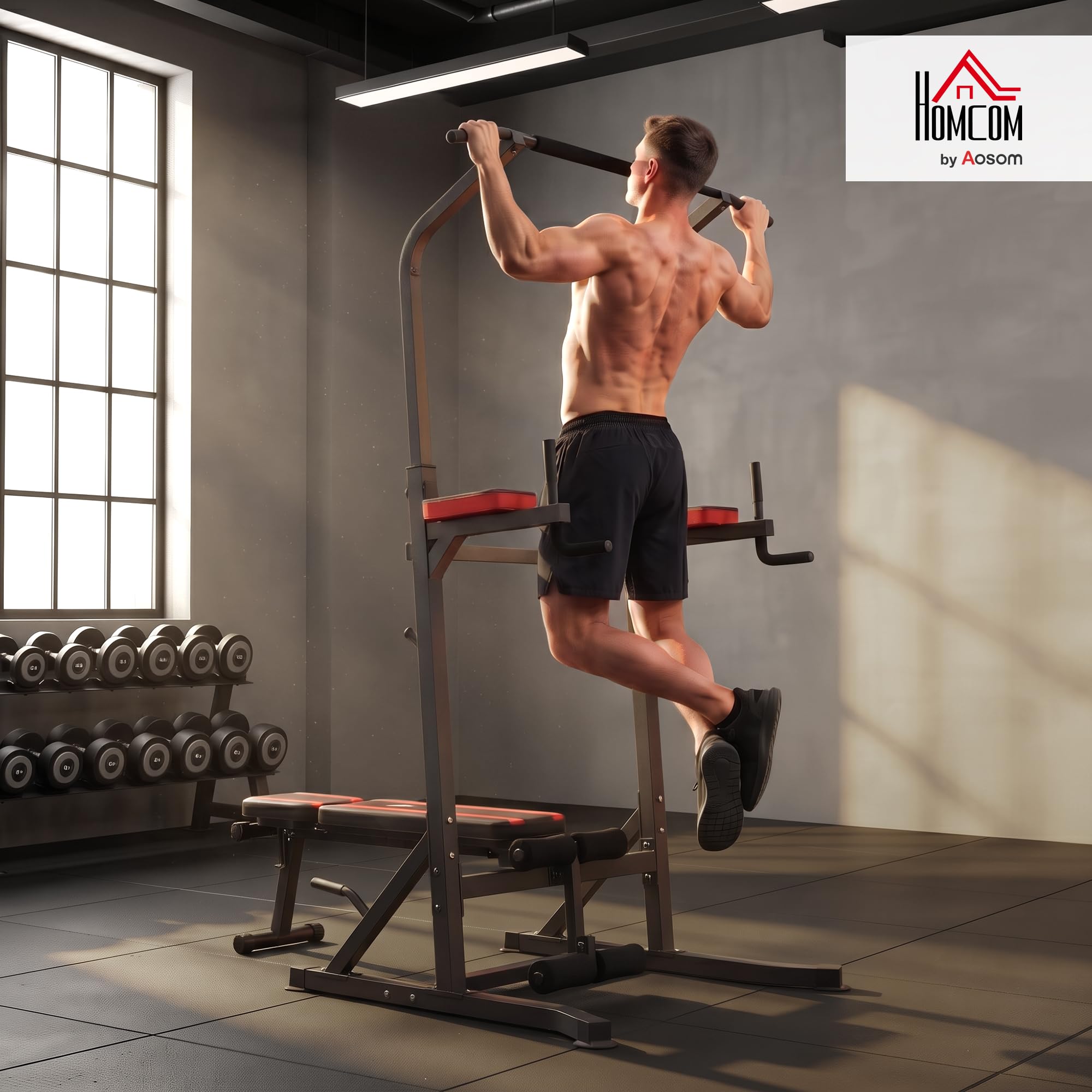 HOMCOM Estación de Musculación con Banco Plegable Altura Ajustable Rojo