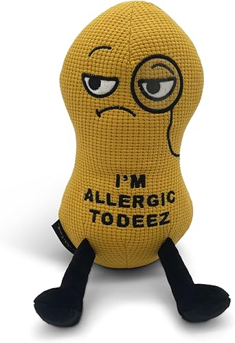Punchkins Peluche de maní – Peluche divertido con texto en inglés «I'm Allergic to Deez», regalo para los amantes del humor, bonito juguete de