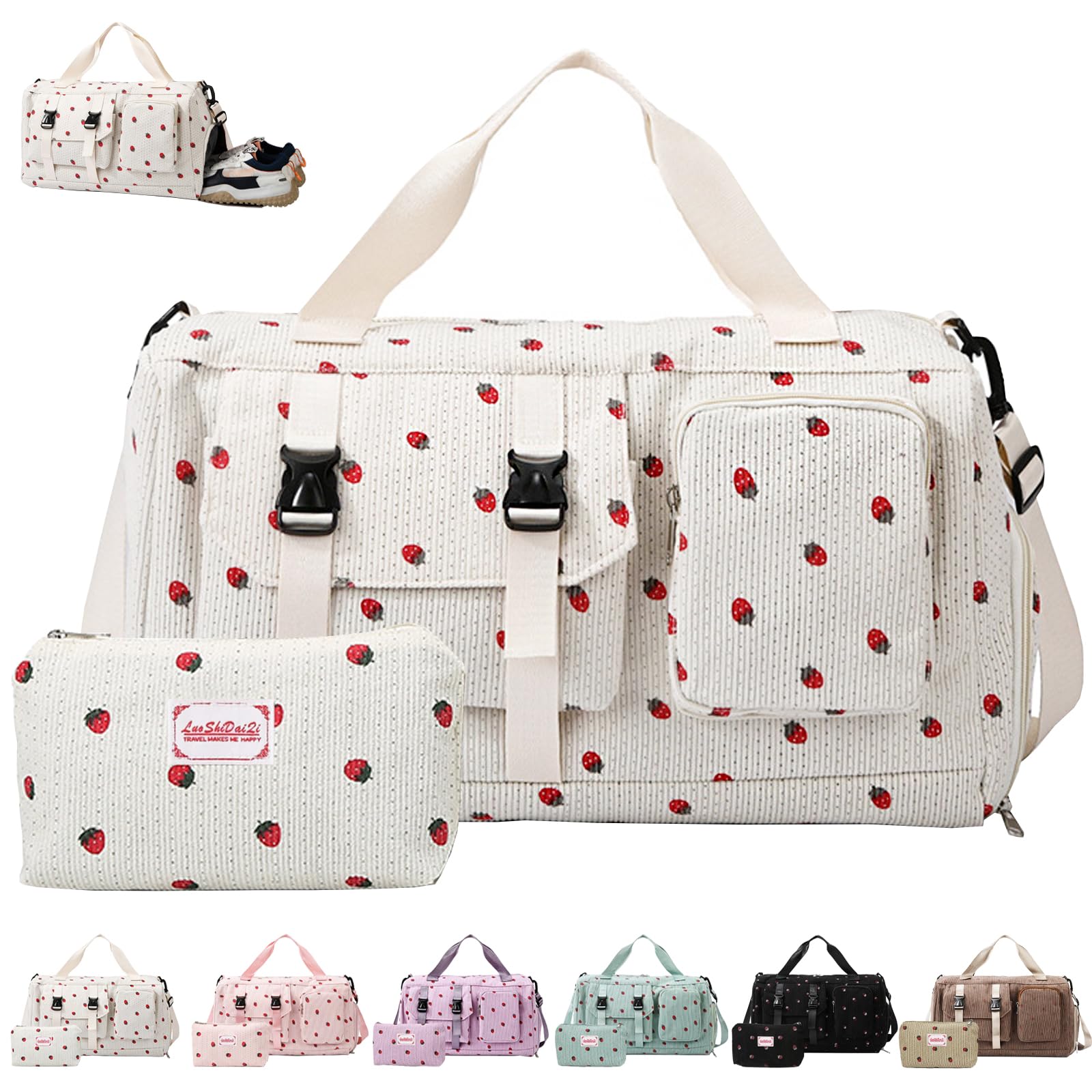 Bolsa de Deporte para Mujer, Pana Fresa Sporttasche con Compartimento para Zapatos, Compartimento y Billetera Pequeña para Mojados, Bolsa de Viaje für Viajar, Fitness, Deporte, 46x24x26 cm — view 8