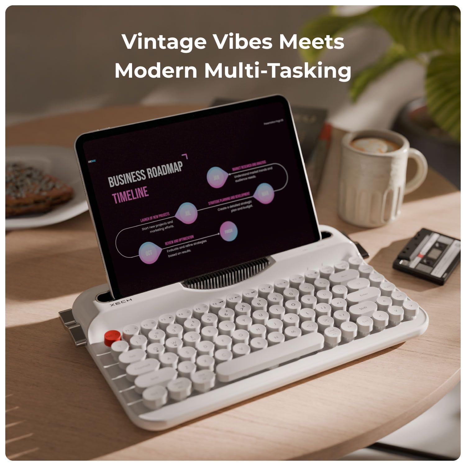 Xech Retro Typewriter Wireless Keyboard | Triple Device Multi-Connect 2X Bluetooth + 2.4G | Round Keycaps Vintage Mechanical Feel | Phone & Tablet Holder | Windows mac0S i0S Android | 84 Keys — Amazon image 3