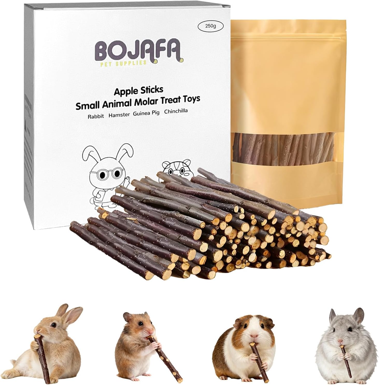 250g Apple Sticks Small Animals Molar Wood Treats Toys for Rabbits Chinchillas Guinea Pig Hamster Gerbil Parrot Bunny and Small Animals Chew Stick Toys Treats