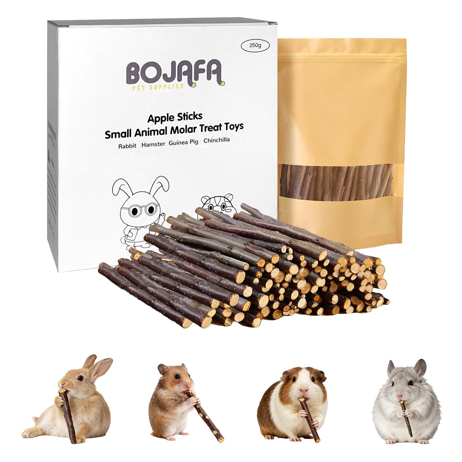250g Apple Sticks Small Animals Molar Wood Treats Toys for Rabbits Chinchillas Guinea Pig Hamster Gerbil Parrot Bunny and Small Animals Chew Stick Toys Treats