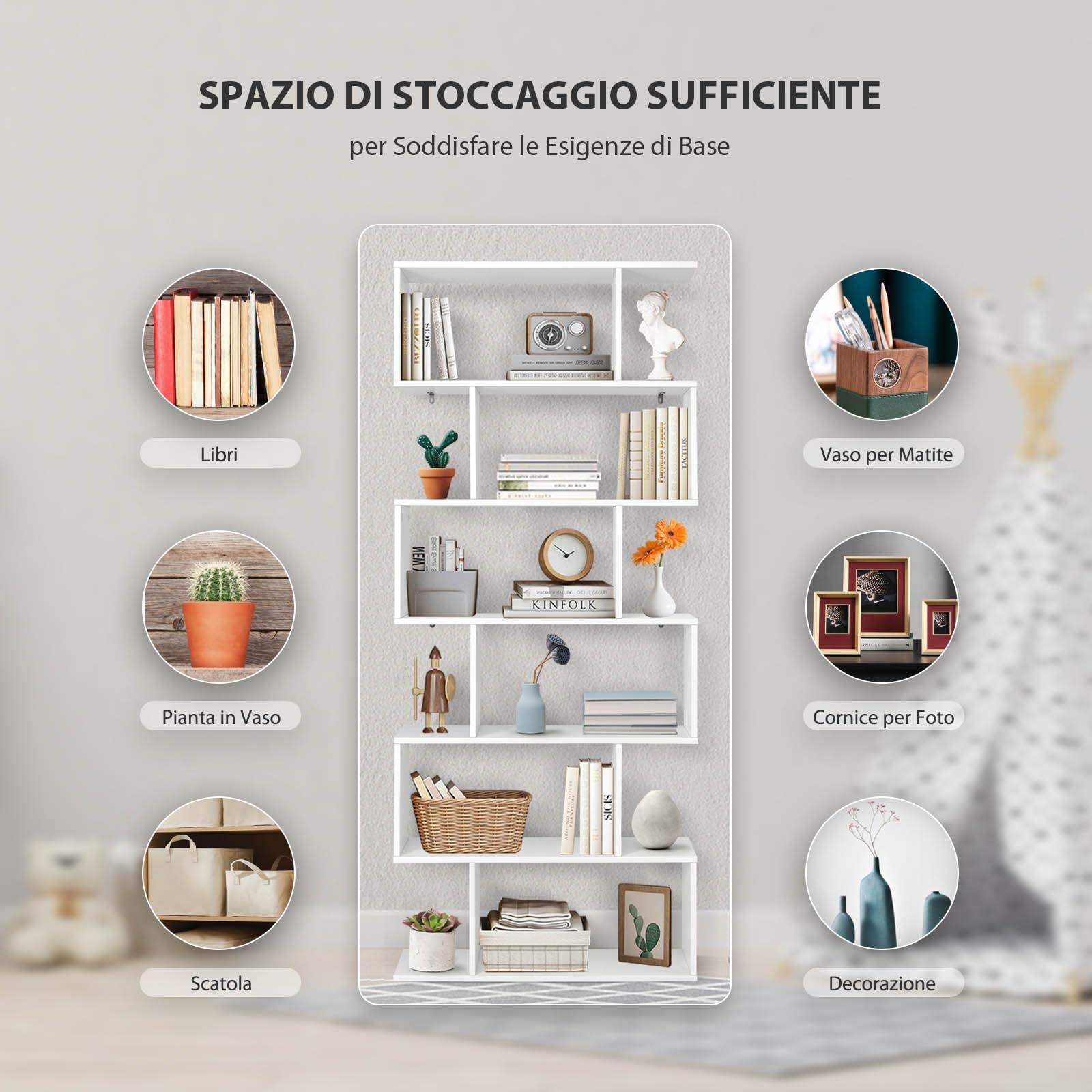 GYMAX Libreria da Parete a 6 Livelli in Legno, Scaffale Libreria a Forma di S, Salvaspazio e Multiuso per Soggiorno Salotto Casa o Ufficio (Bianco, 192x80x23 cm)