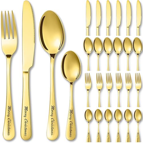 Tioncy Juego de cubiertos de Navidad de 24 piezas de acero inoxidable, tenedores, cuchillos y cucharas, juego de cubiertos de Navidad para el hogar,