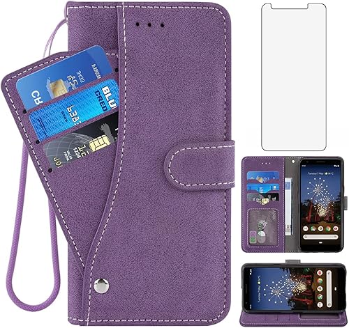Asuwish compatible con Google Pixel 3a Funda cartera y protector de pantalla de vidrio templado Flip Cover titular de la tarjeta de crédito soporte