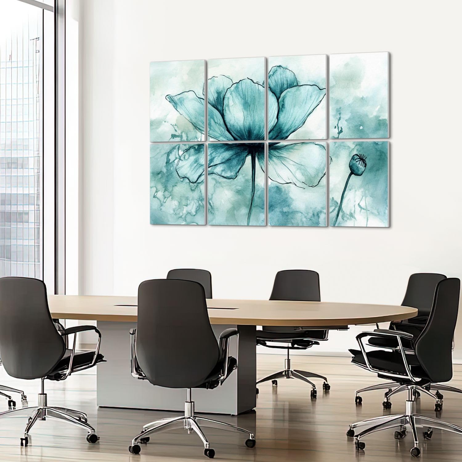 8 Pack Art Acoustic Panels Sound Absorbing Blue Abstract Teal Watercolor Spring Flower Floral Large Blooming Decorative Soundproof Wall Panels Self Adhesive for Recording Studios Office 48"x32"
