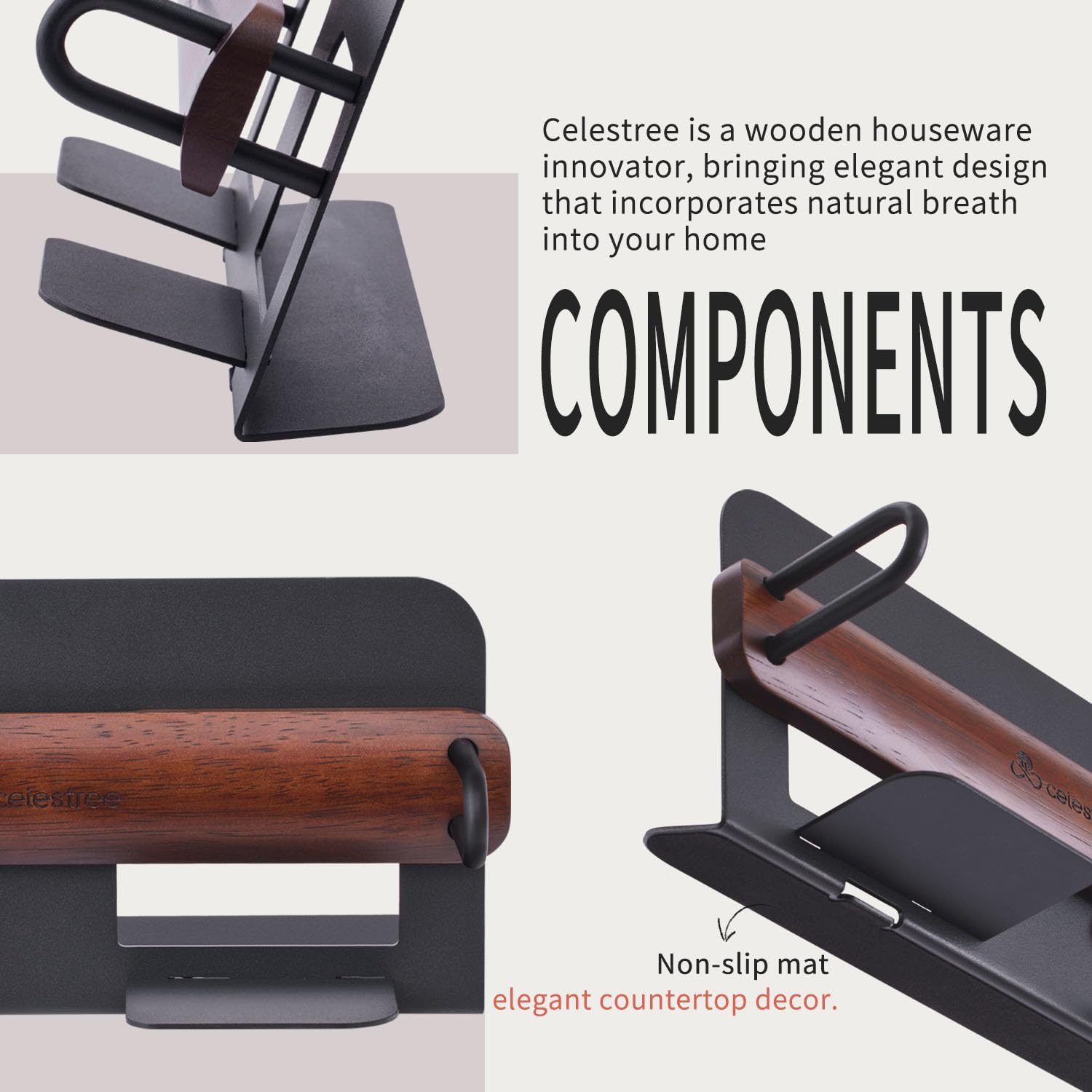 Guest Towel Holder for Bathroom - Ironl Napkin Dispenser with Raintree Wood Weighted Arm, Rectangular Disposable Hand Towels Tray for Table Kitchen Steak Dinner Vanity Picnic