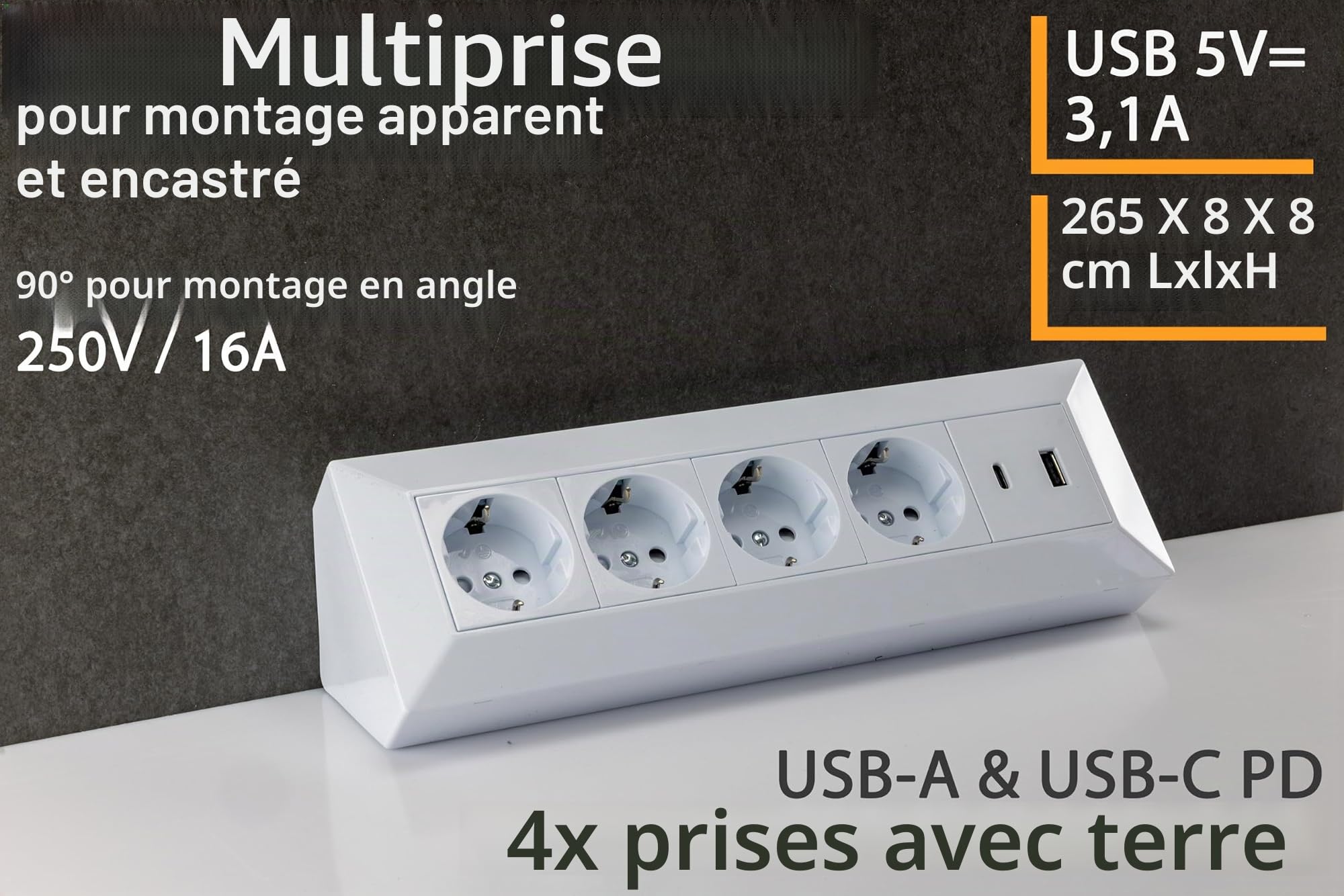 ChiliTec Bloc multiprise d'angle 4 prises avec USB-A USB-C PD pour bureau, cuisine, atelier, blanc