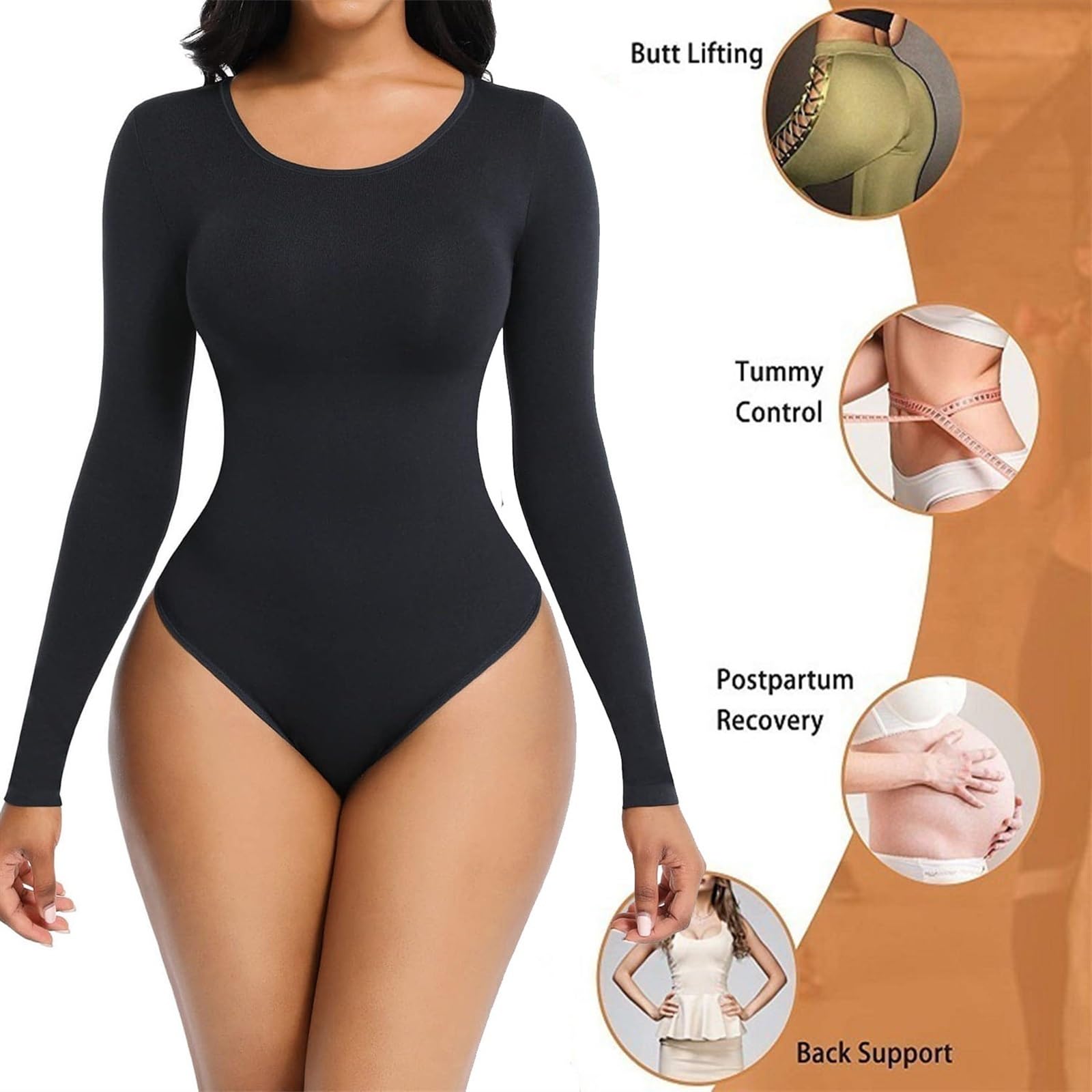 LYGBAOFUL Odzież modelująca dla kobiet Body stringi wyszczuplają brzuch Bezszwowe body z długim rękawem i okrągłym dekoltem, koszulka wyjściowa