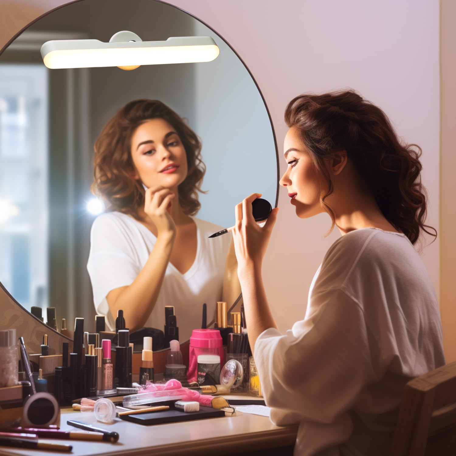 Sans Fil Miroir Coiffeuse Led Pour Miroir, Rechargeable 4000 mAh Lumiere Coiffeuse Lampe, Autocollant Lumière Coiffeuser Pivotant à 360° Amovible et Portable