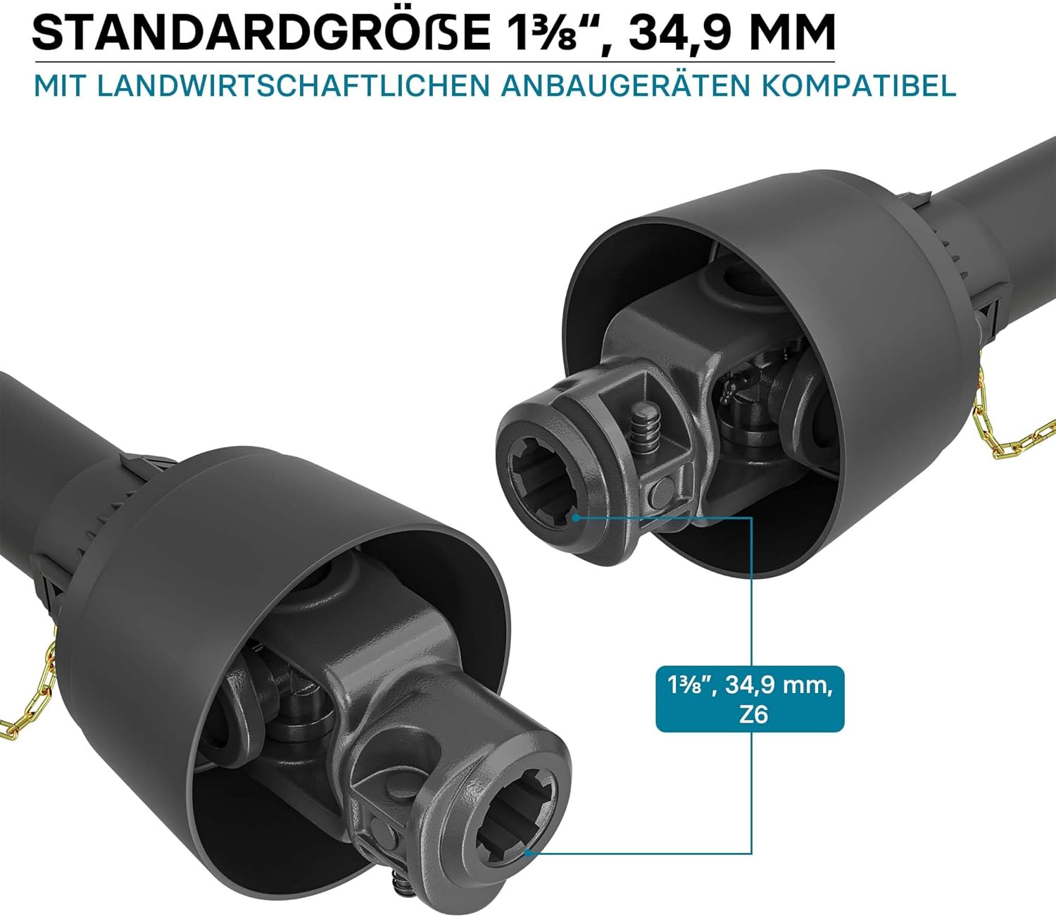 Z bliska view of the WilTec T5 PTO Shaft's yoke, showing the standard size of 1⅜ inches (34.9 mm) with Z6 teeth, compatible with agricultural implements.