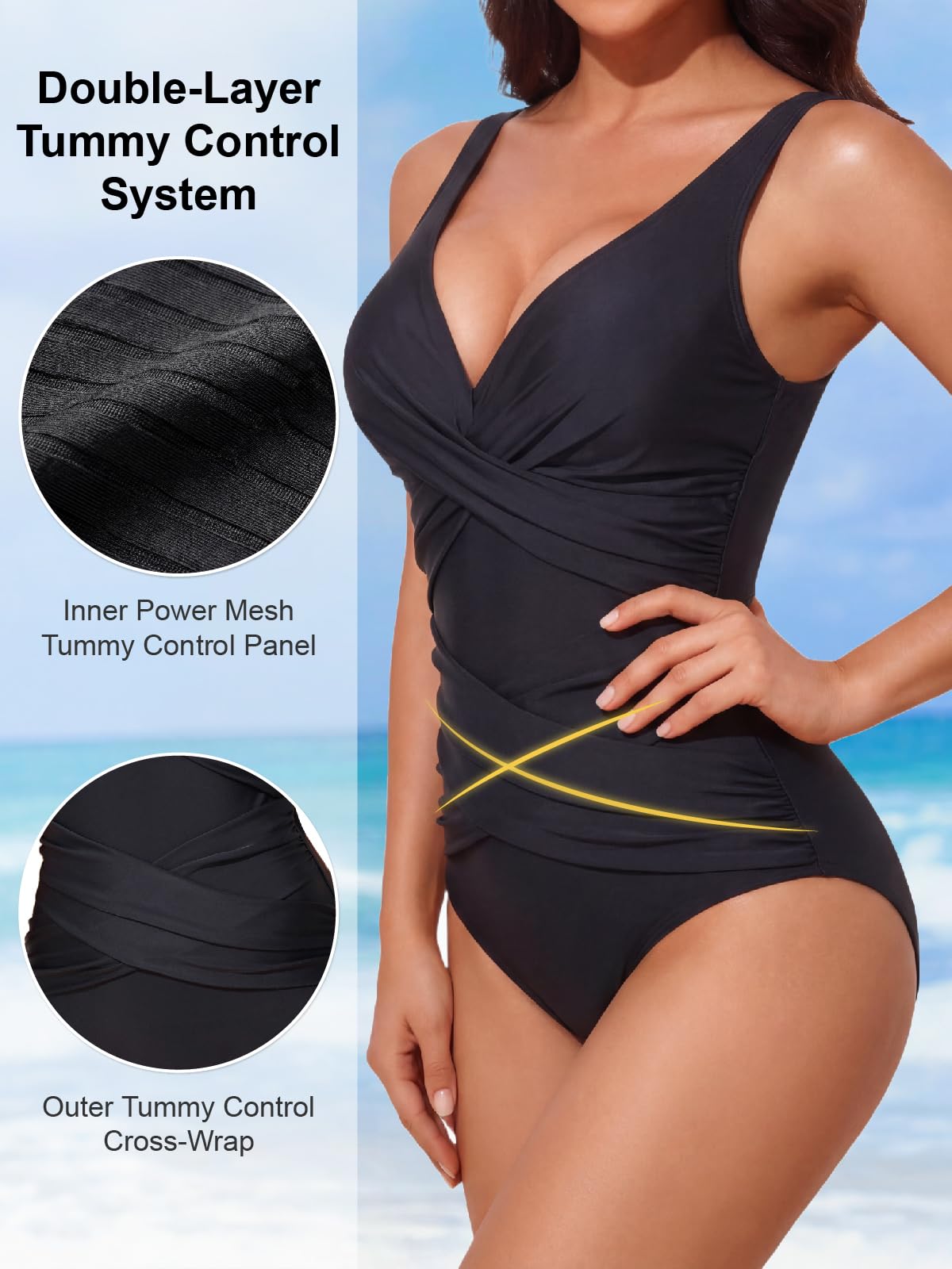 Smismivo Tummy Control Swimsuits for Women Slimming One Piece Bathing Suit Retro Ruched Push Up Vintage Padded Swimwear — view 3
