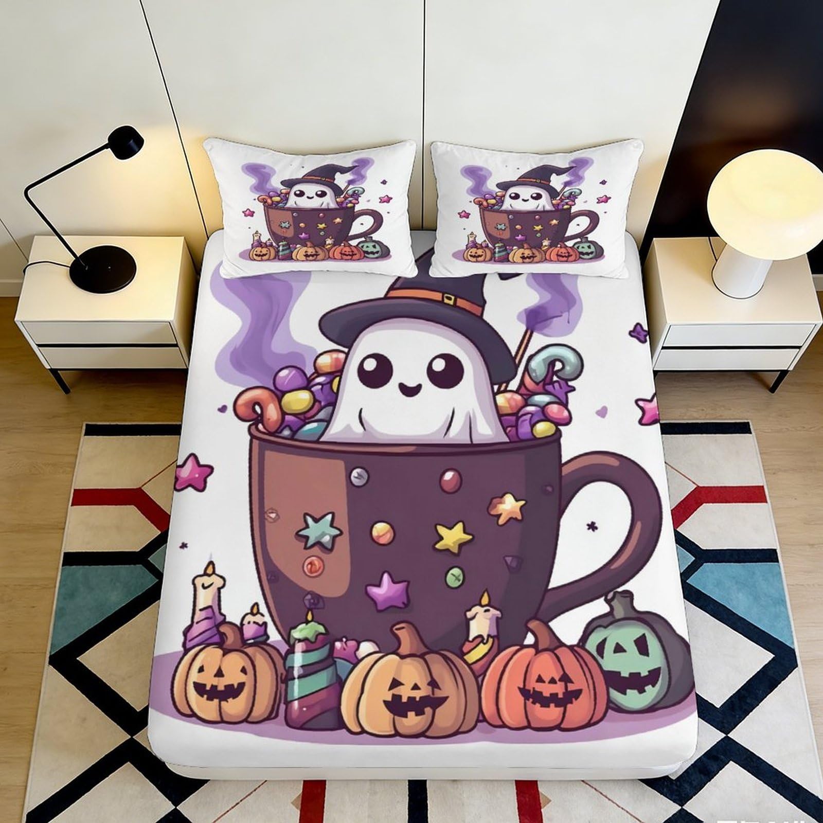 3D Printed Halloween Ghost Fitted Sheet Microfiber Soft Cup Pumpkin Bed Cover Bedroom Dorm Decor 90x200x25cm