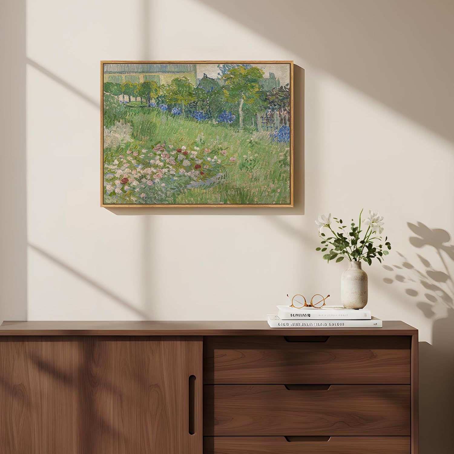 Framed Van Gogh Wall Art, Daubigny’s Garden Canvas Print, Vintage Impressionist Landscape Painting with Flowers and Greenery for Living Room Bedroom Office Wall Decor, 12x16 Inch