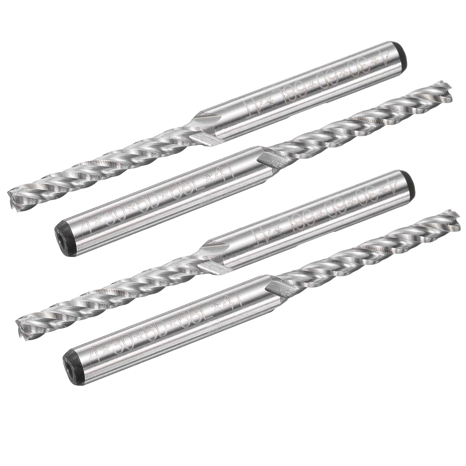 sourcing map HSS-AL Lot de 4 fraises HSS-AL 4 mm de diamètre de coupe 6 mm tige 4 cannelures Fraise à défoncer en spirale Outil de fraisage pour bois PVC MDF gravure