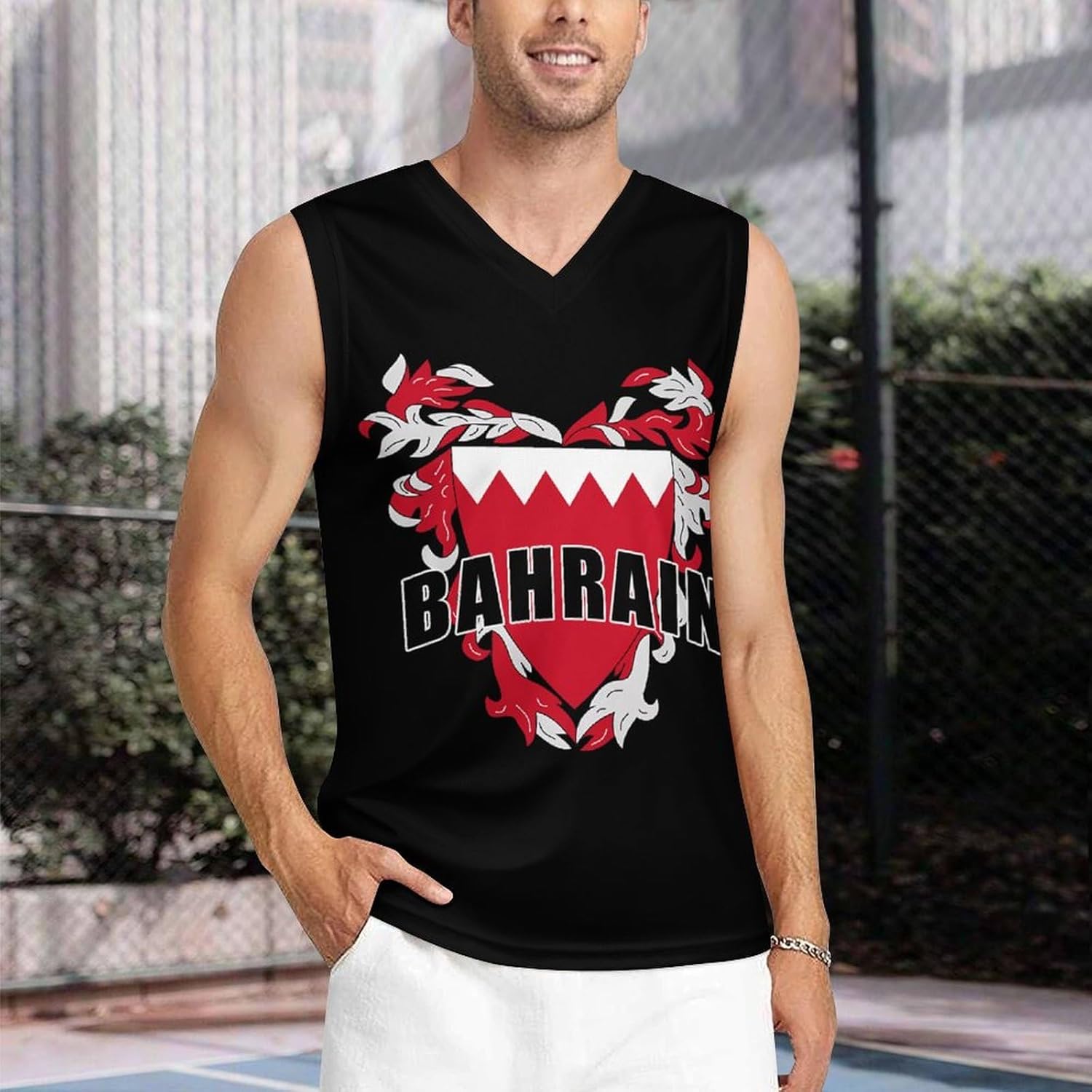 Bahrain Bahraini Logo Men's V-Neck Basketball Tank Top Sleeveless Workout Tank Shirts Gym Fitness Tees Vest