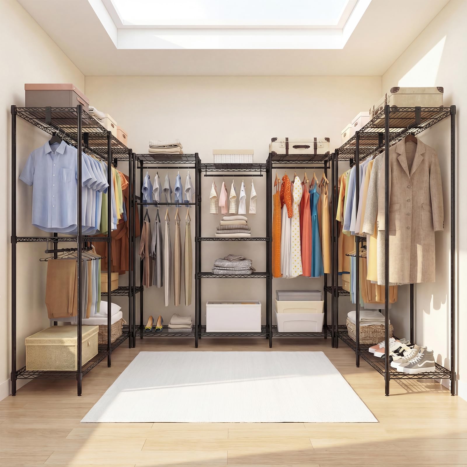 COSTWAY Armario Ropa Metálico, 7 Estantes Ajustables y 4 Barras para Colgar, Perchero Burro Ropa, Convertible con Instalación en L y Horizontal, 188 x 46 x 198 cm, Carga 530 kg (Negro)