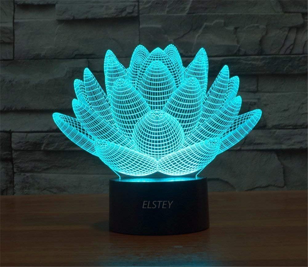 Elstey® Blooming Lotus 3D Model Visual Optical Illusion 7 Color Change Touch Switch Nightlight LED Desk Lamp