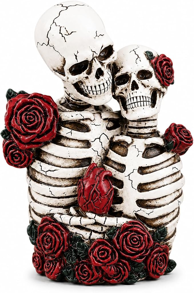 Halloween & Day of the Dead Skeleton Couple Figurines,Dark Aesthetic Skeleton Bride and Groom with Red Roses and Anatomical Heart,Gothic Wedding Gift,Macabre Art Figurine for Home Table Mantel & Shelf