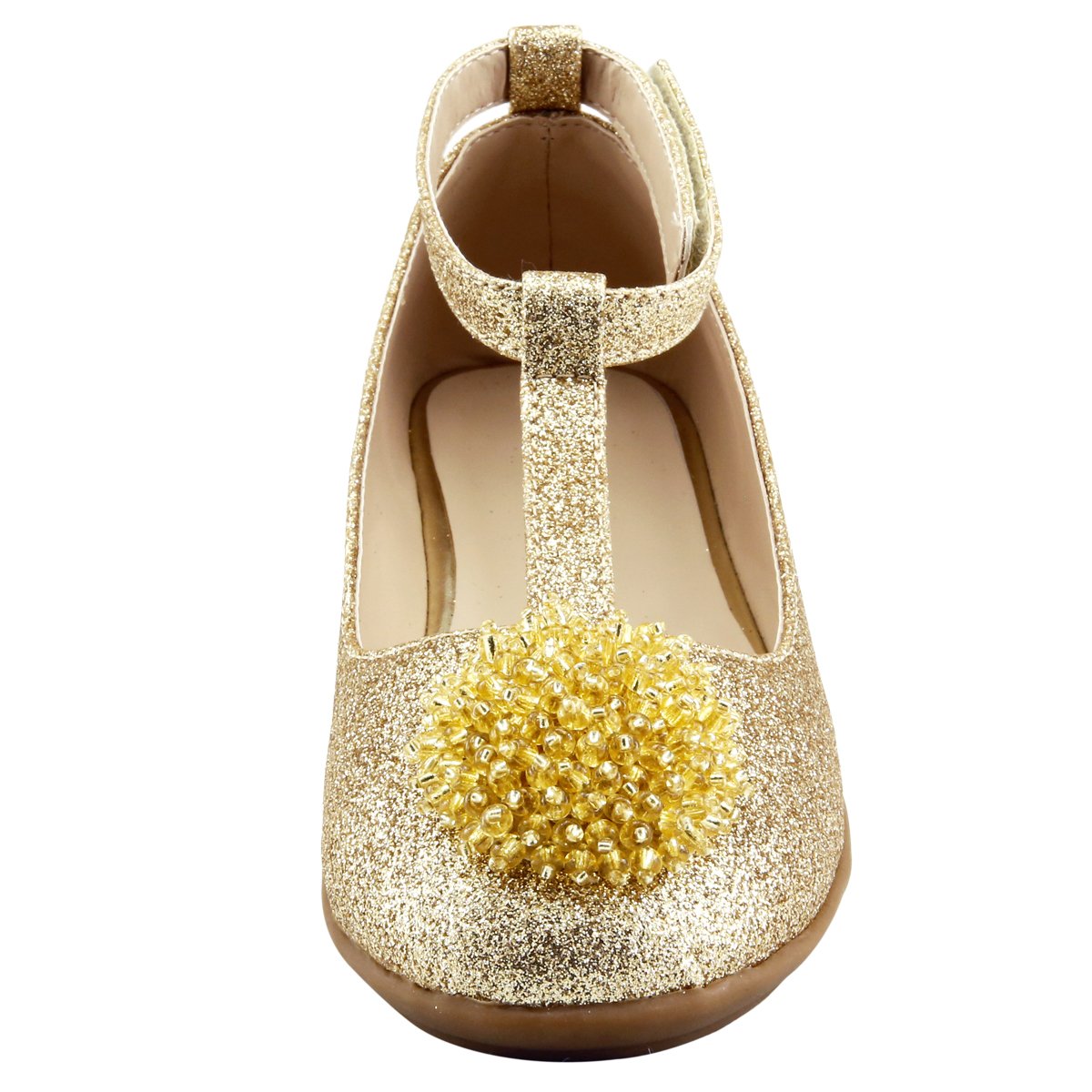 SKY HIGH Wedding Flower Girl's T-Strap Dress Shoes Glitter with Beads Topper Little Kids (11, Gold)