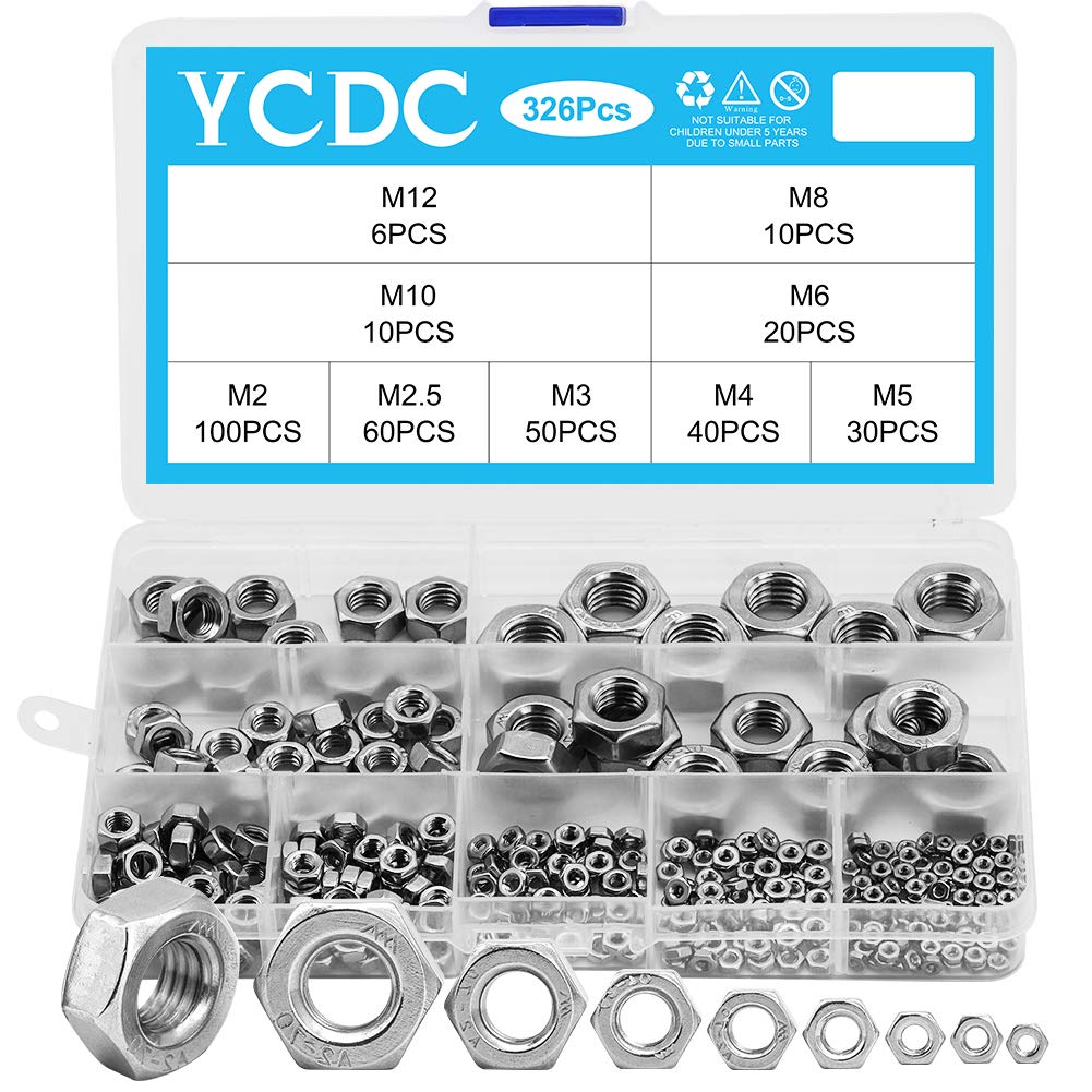 YCDC 326pcs Metric Hex Nuts Assortment Kit, 304 Stainless Steel Hex Nuts for Screw Bolt, M2/M2.5/M3/M4/M5/M6/M8/M10/M12 Head Socket Nuts with Storage Box