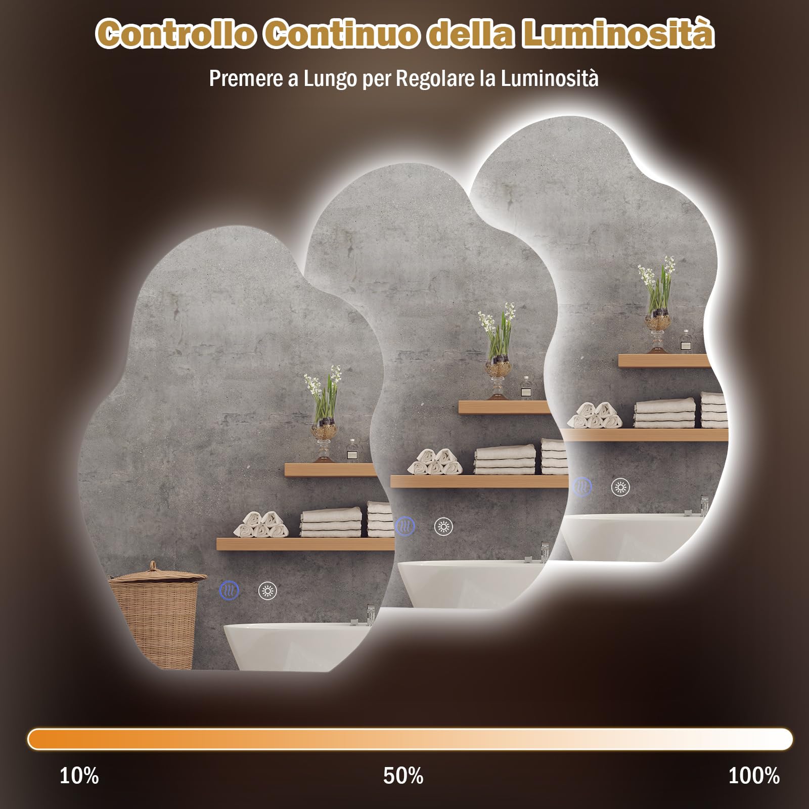 COSTWAY Specchio Irregolare Bagno con Luce 70 x 50 cm, Specchio Retroilluminato Bagno LED con Antiappannamento, Dimmerabile, 3 Colori Luce, Funzione Memoria, IP44, HD Vetro Temperato