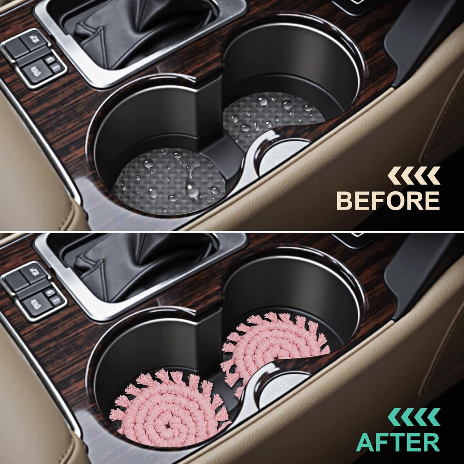 Cotton Car Coasters for Cup Holders, 2 Pack Car Cup Coasters Drink Holder Cute Macrame Boho Cup Holders Car Interior Accessories for Women, Girl-Pink image 5