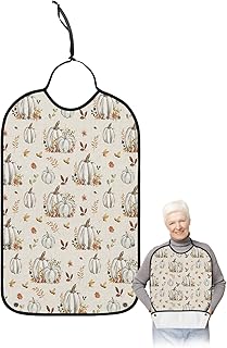 Kewadony Adult Bibs for Elderly Women - Fall Thanksgiving Waterproof Dining Clothing Protectors with Crumb Catcher for Eating/Feeding, Grey Pumpkin Autumn Leaves Burlap Terry Cloth Bib Washable