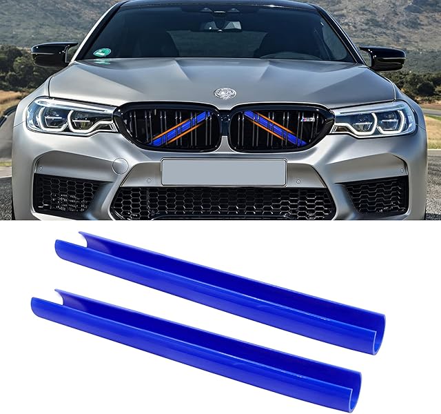 TTCR-II 2PCS Grille Insert Trims Stripe,Front Grille Trim Stripes Cover Compatible with BMW V Brace Covers Grille Cover Guard Accessories for 1 2 3 4 5 6 7 Series,F20 F22 F30 F32 G30 G32 G11 G12(Blue)