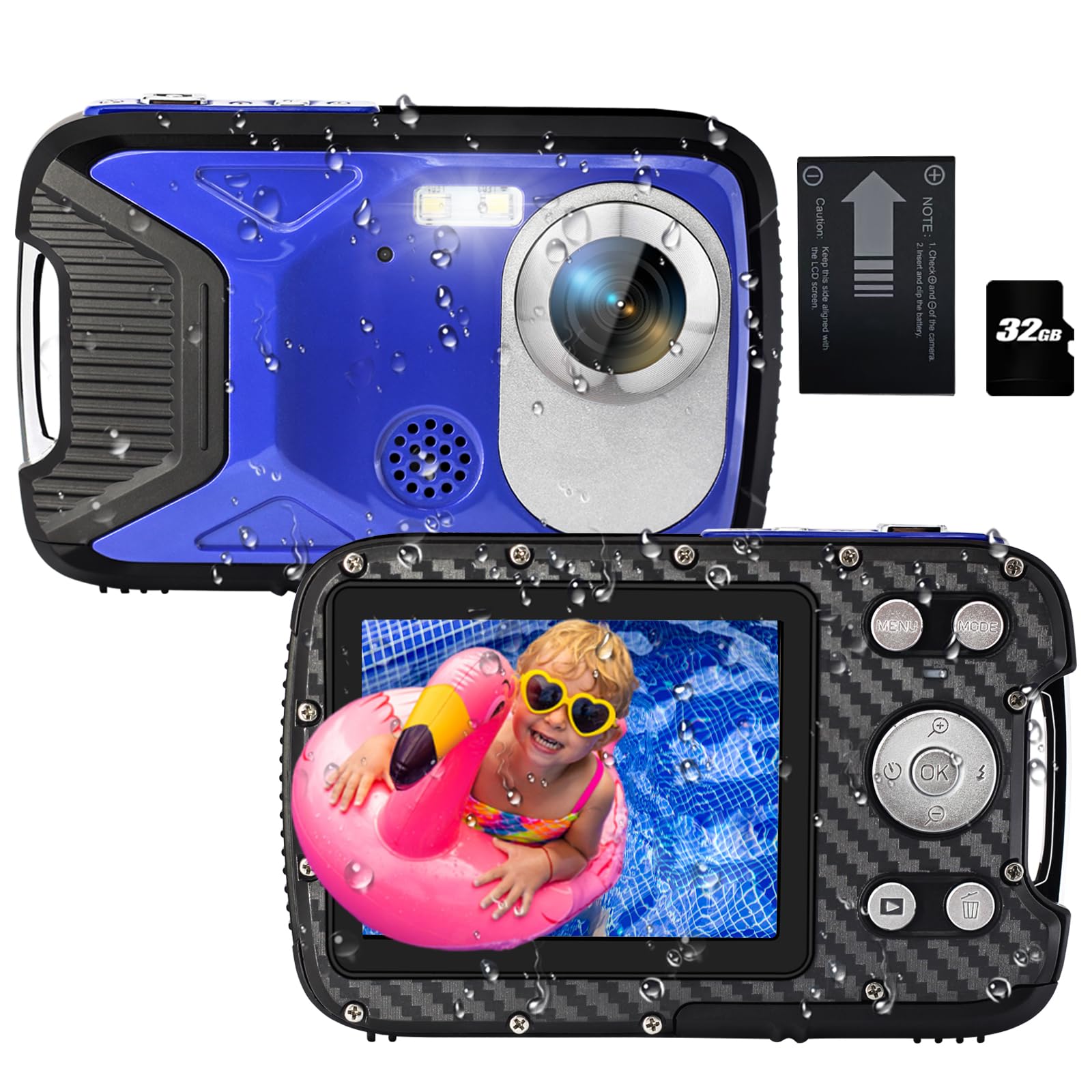 Appareil photo numérique étanche 21 MP 1080p avec flash LCD de 7,1 cm, rechargeable HD pour garçons et filles avec tuba, voyage/cadeau (bleu)