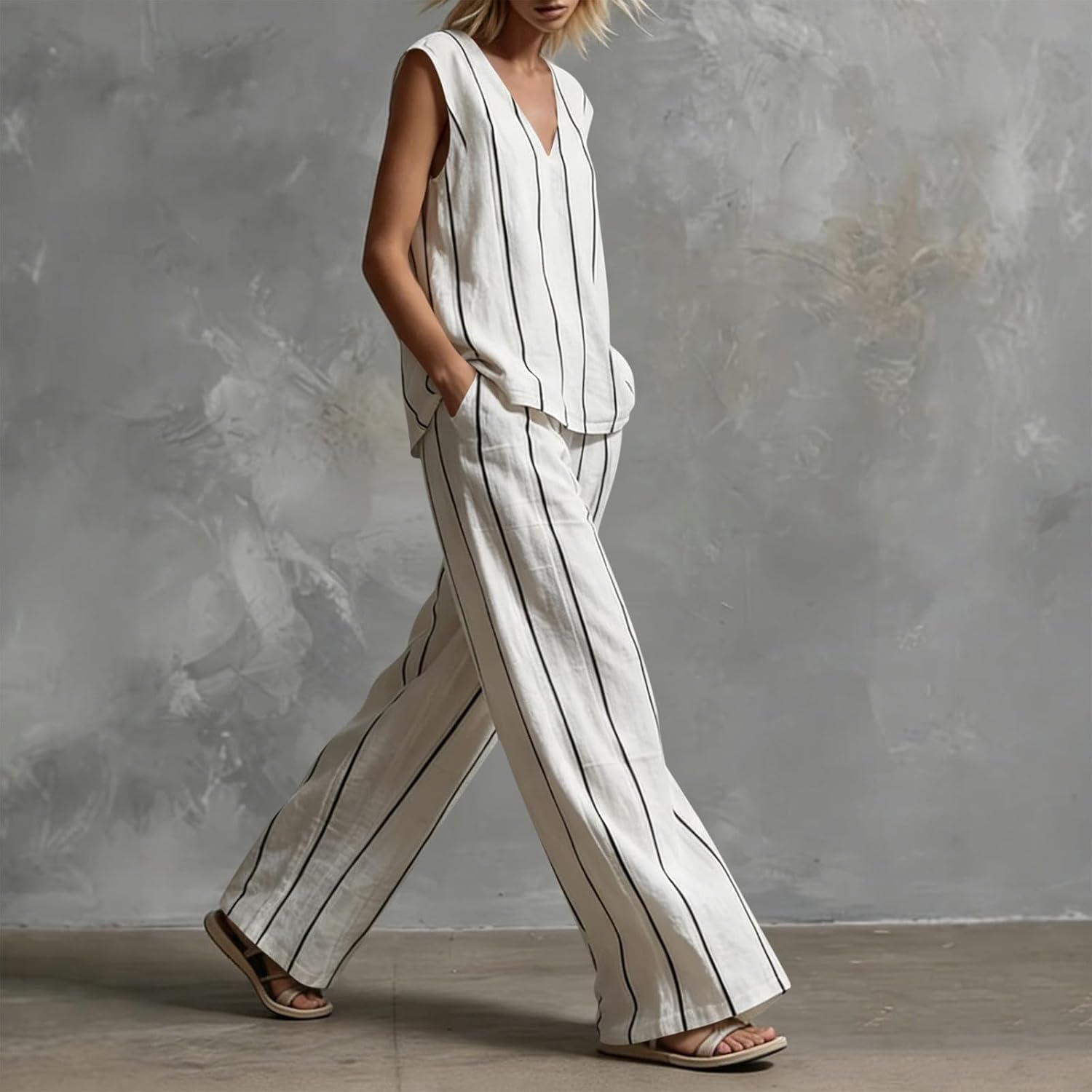 Xiaojmake Women's 2 Piece Lounge Sets Stripes Print V Neck Tank Top Wide Leg Long Pant Summer Going Out Boho Travel Outfits