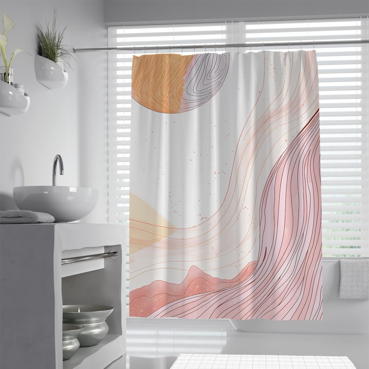 UIRINGART Boho Shower Curtain W150xL200cm Abstract Waves Fluid Lines Art Mildew Resistant Quick Drying Polyester Fabric Lightweight Bathroom Wet Room Tub